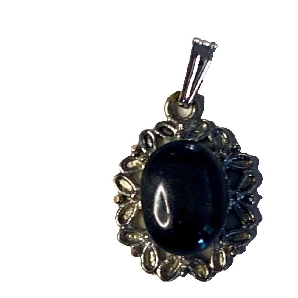 Vintage Black and Silver Pendant Charm and Small Oval Gemstone Estate Jewelry